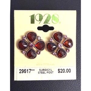 1928 Victorian Revival Earrings Quatrefoil Burgundy Pink Gold Tone Pierced